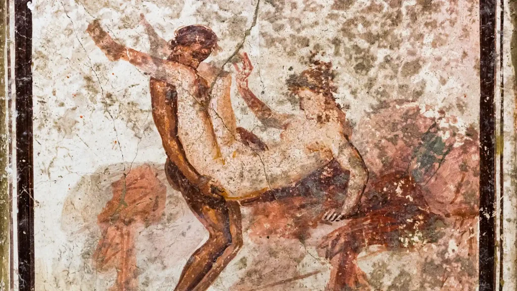 An erotic representation found in archeological ruins of Pompeii.