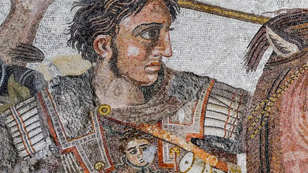 The Alexander Mosaic, which illustrates the Battle of Issus against Darius, is about 20 square meters and composed of millions of stone tiles. It was found in the House of the Faun in the ruins of Pompeii.