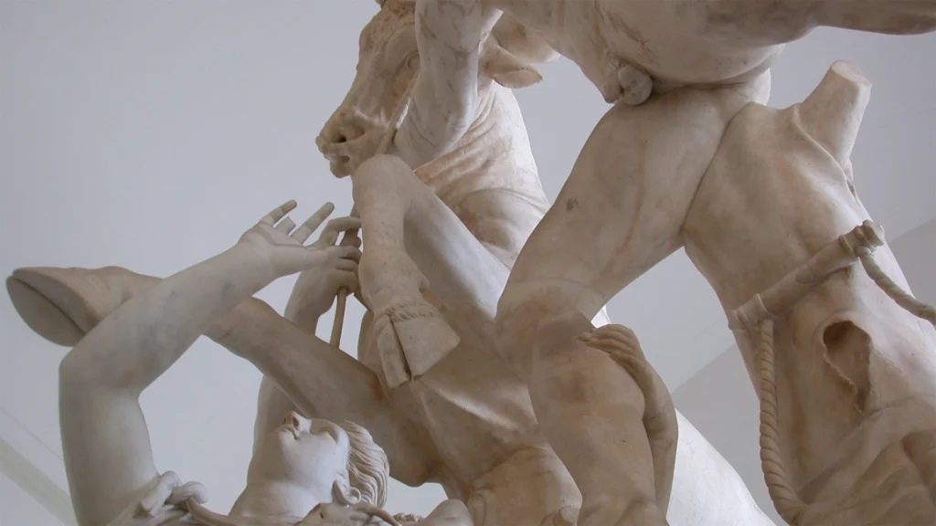 The subject represents the torment of Dirce, with the sons of Antiope (Amphion and Zethus) who, eager to avenge the insults to their mother, have tied their stepmother Dirce to a wild bull. The same subject is also depicted in a fresco in the House of the Vettii in Pompeii. (Photo by Massimo Finizio).