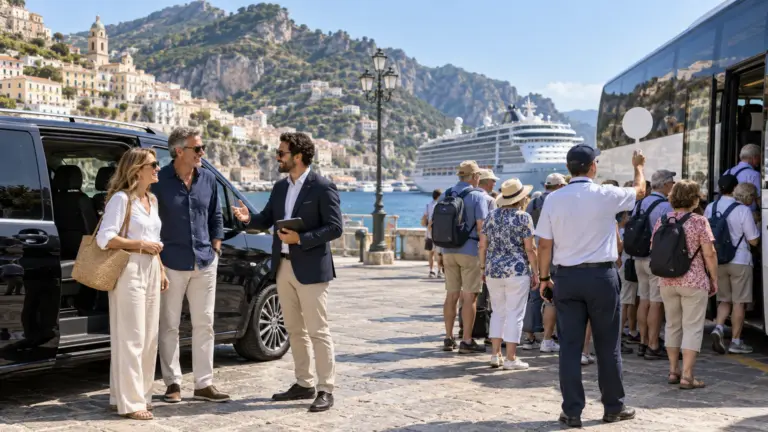 Private shore excursion with a personal guide compared with passengers boarding a standard cruise excursion bus