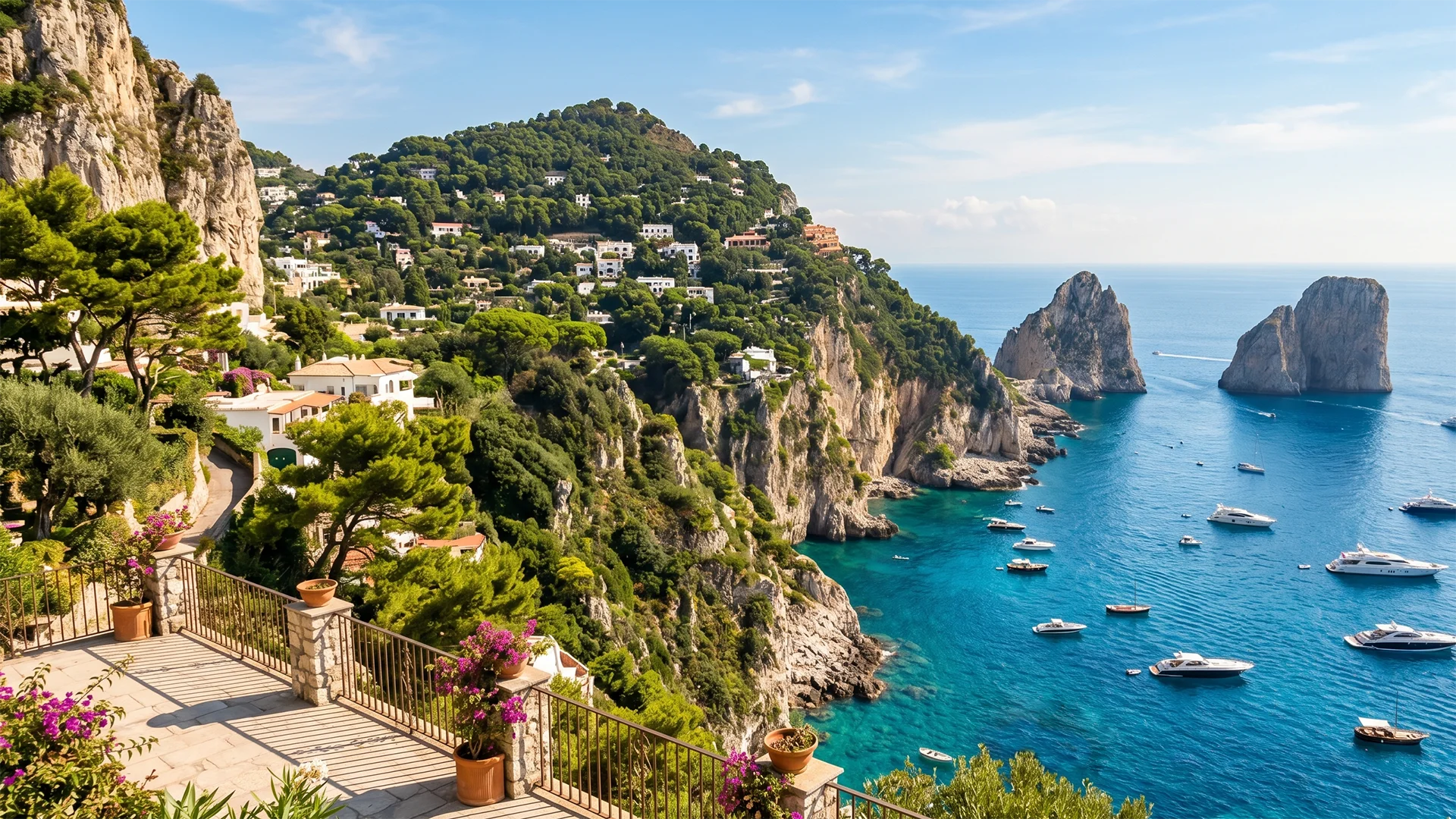 View of Capri’s cliffs and Faraglioni rocks with boats on the turquoise sea.