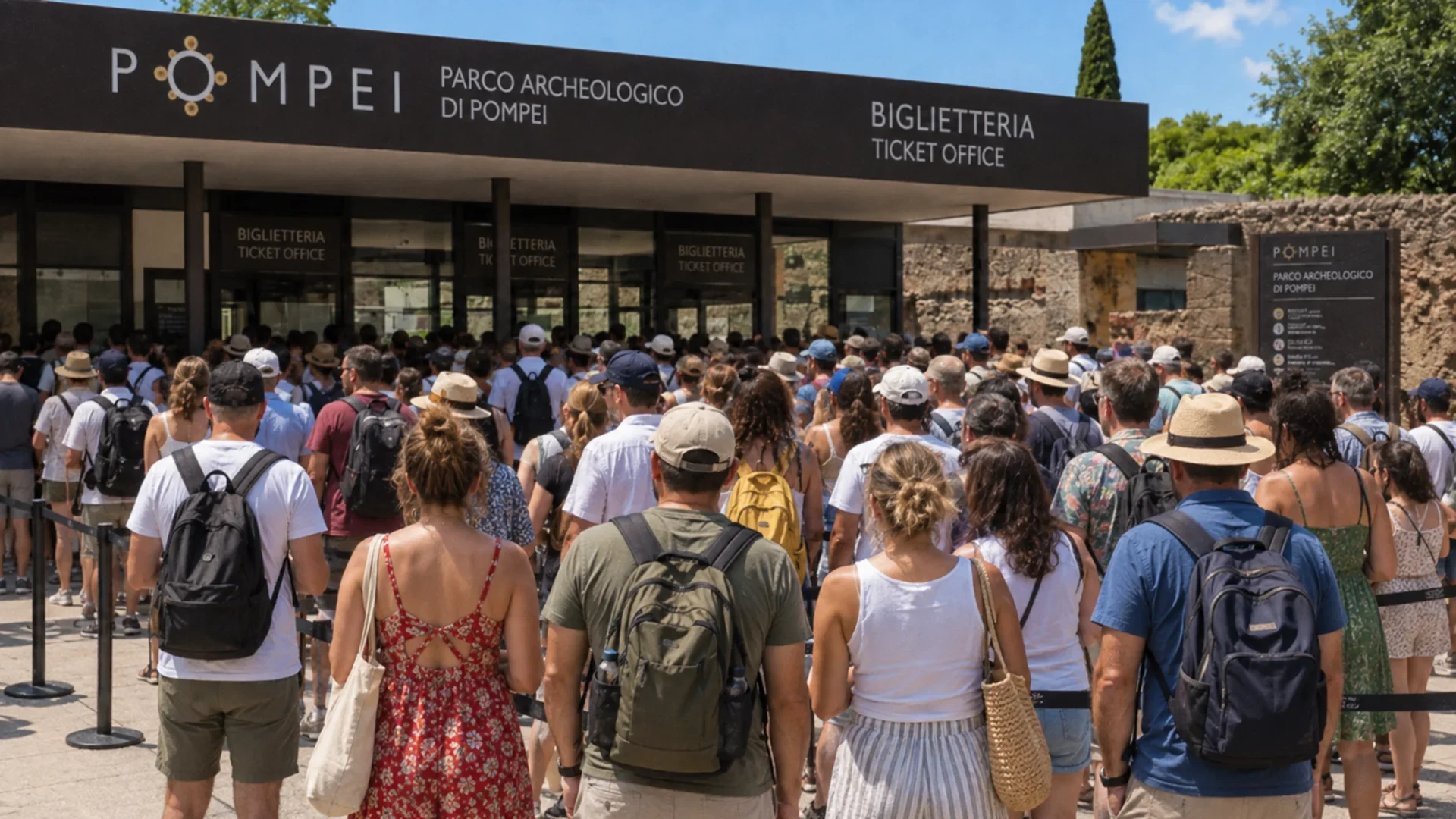ourists waiting in line at the Pompeii Archaeological Park ticket office